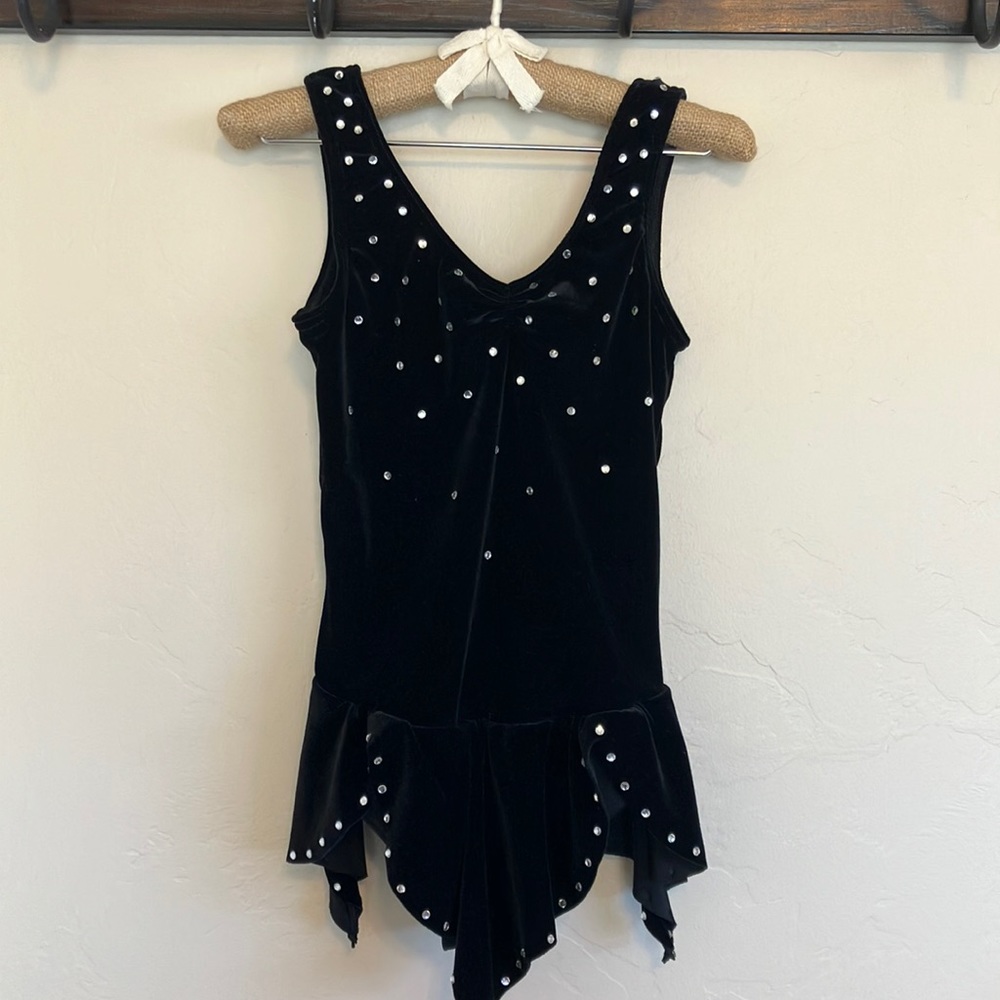Designs for Dance CM Black Velvet Leotard with Rhinestones and Attached Skirt.